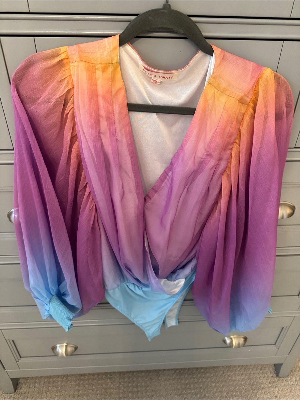 Flying Tomato Ombre Wrap-Front Bodysuit in Purple, Pink & Blue